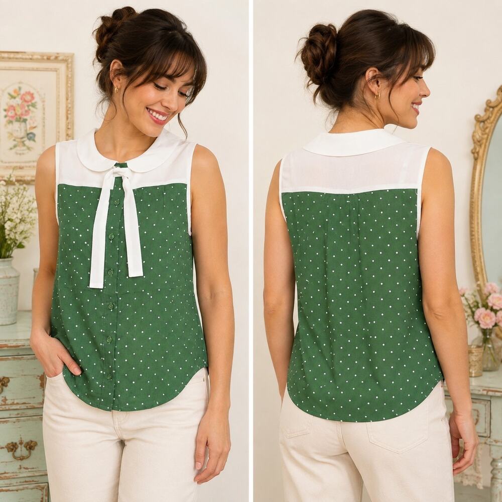 Tulip B Womens Medium Green Polka Dot Peter Pan Collar Tie Neck Blouse NWT